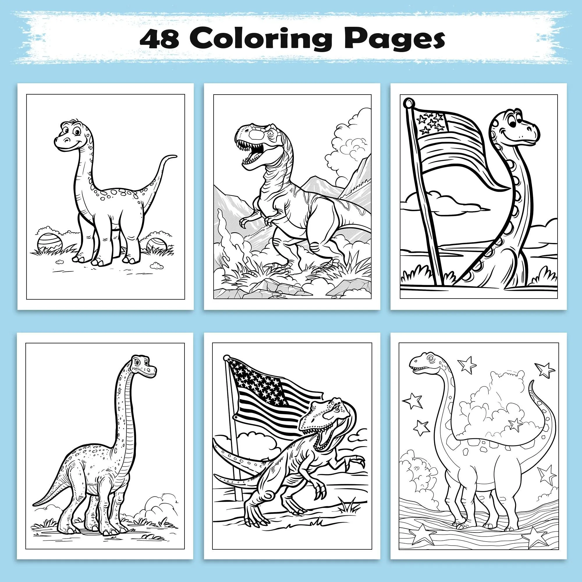 American Dino World – Cute Dinosaur & Flag Coloring Pages – 48 Pages – Cartoon Dino, Patriotic Scene – For Kids - image 3