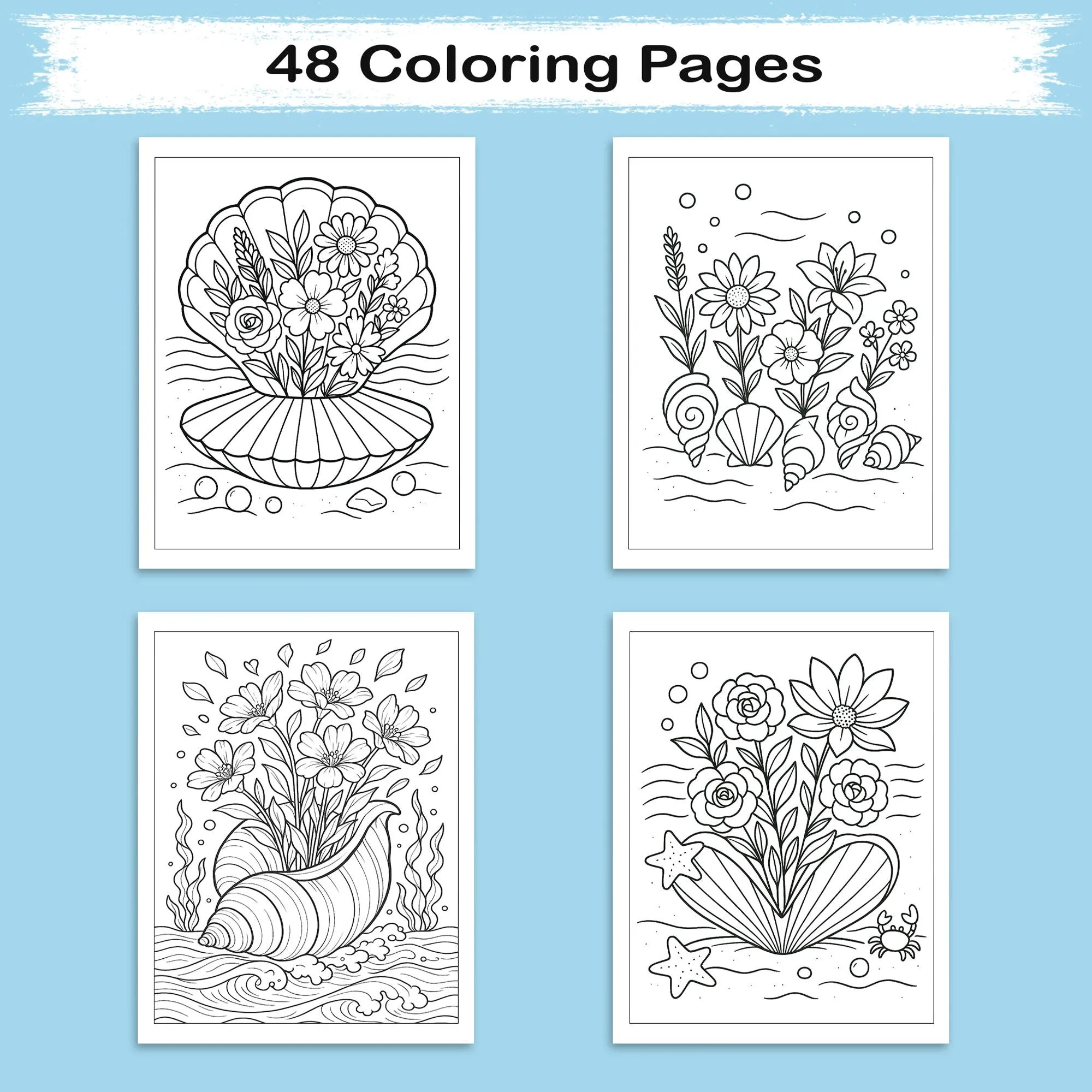 Seashell Blooms – Coloring Pages – 48 Ocean-Inspired Floral Designs – For Kids And Adults - image 3