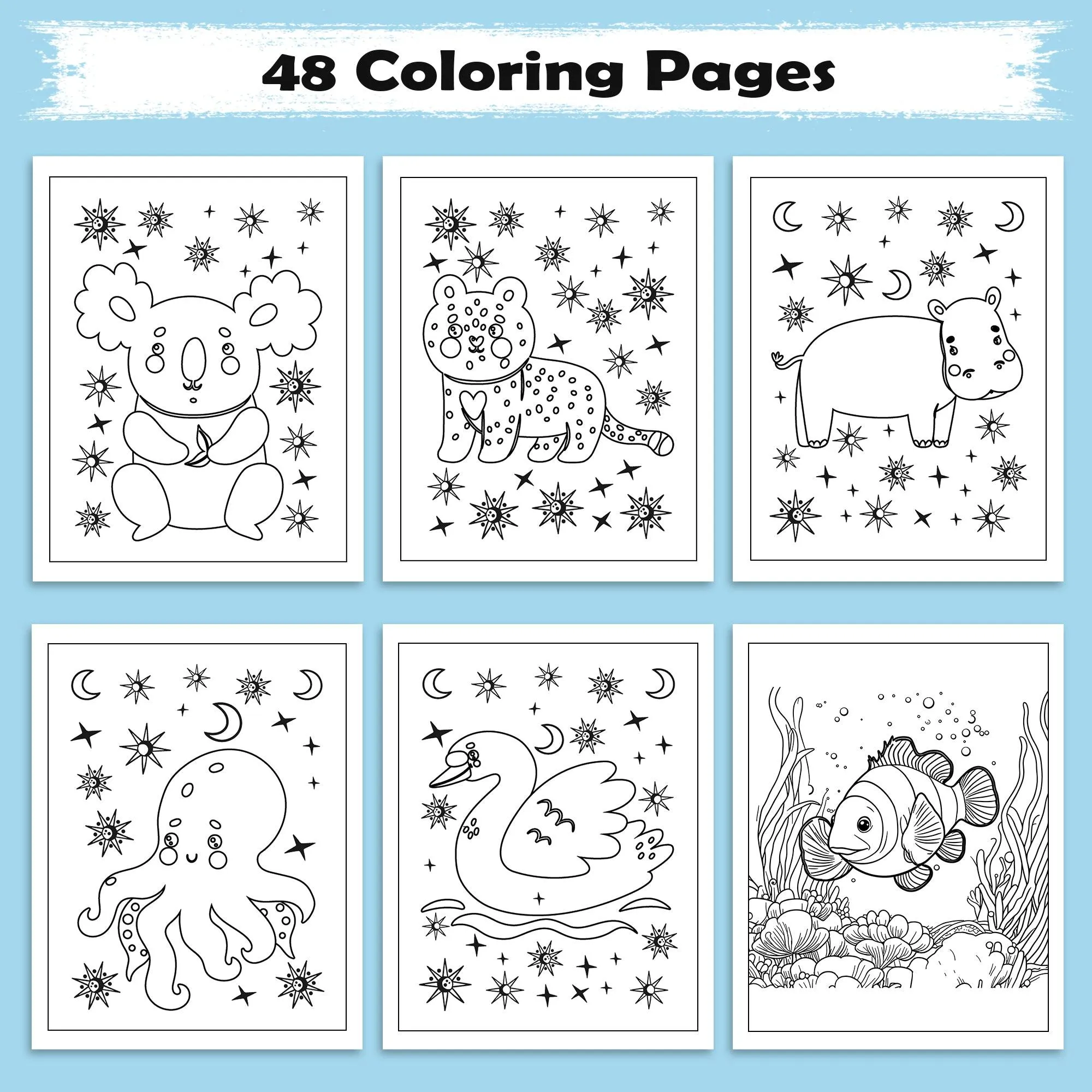Starlit Friends Coloring Pages – 48 Pages – Cute Night Animals – For Kids - image 3