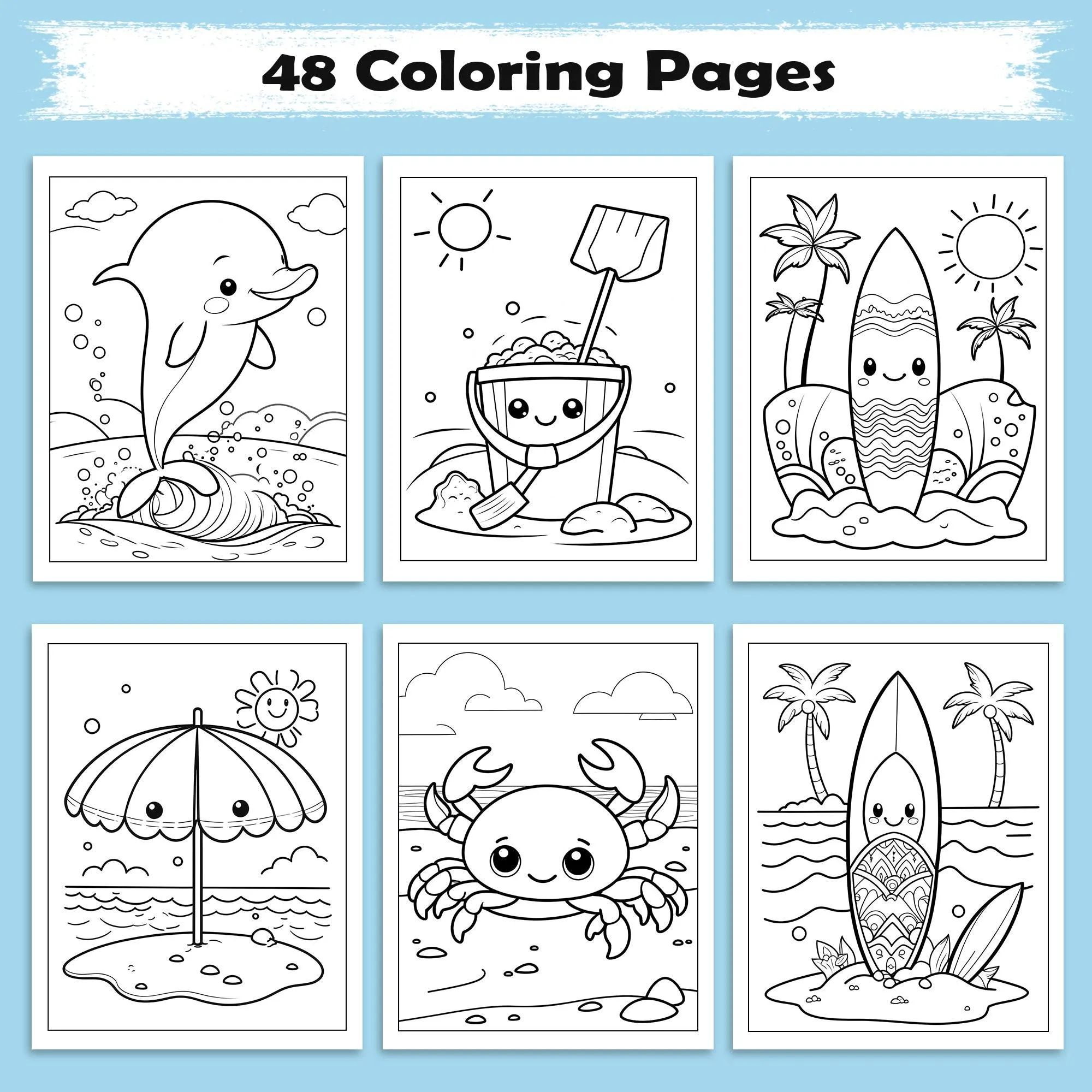 Beach Buddies Hawaii Coloring Pages – 48 Kawaii Surf & Sea Creatures – For Kids - image 3