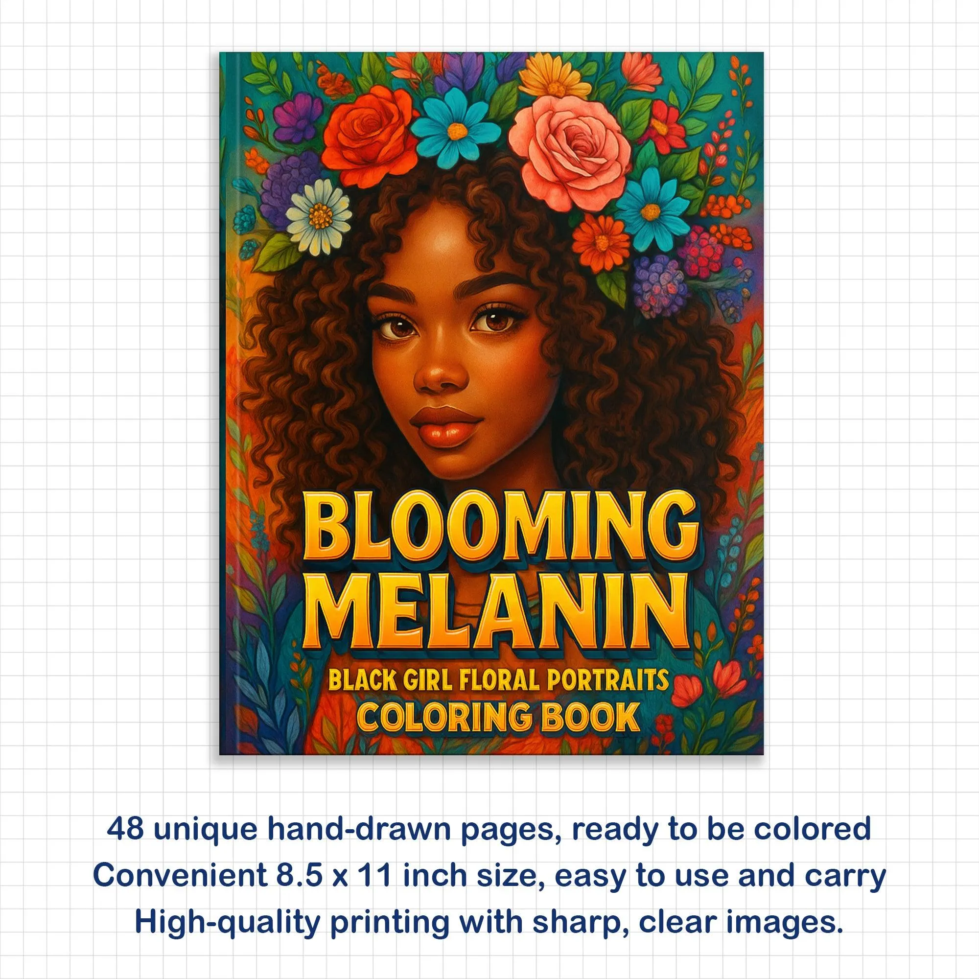 Blooming Melanin Coloring Pages – 48 Pages – Beautiful Black Girl Floral Portraits – For Adults - image 2