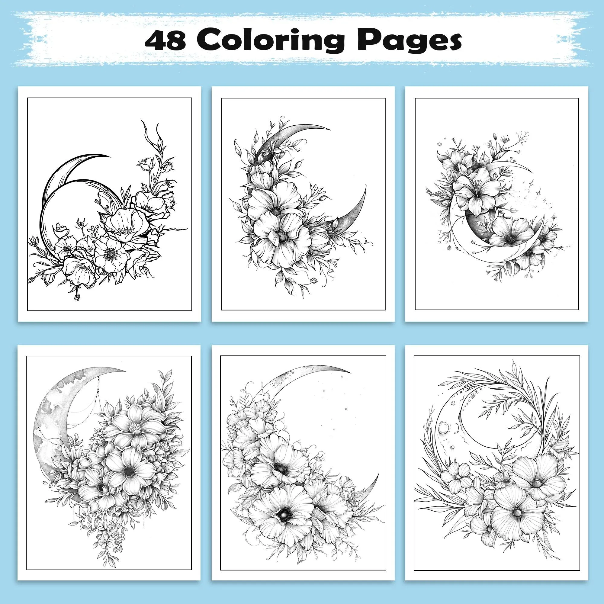 Midnight Blossoms Coloring Pages – 48 Pages – Enchanted Flowers, Starry Sky, Moonlit Scenes – For Adults - image 3