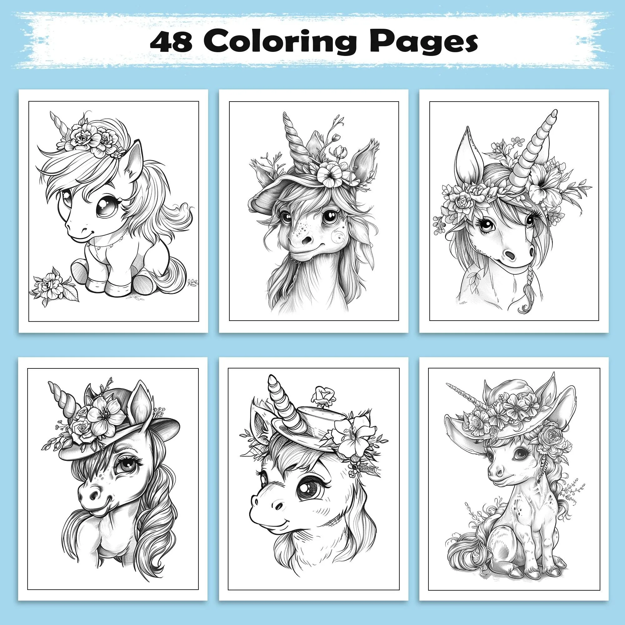 Unicorn Friends in Bloom Coloring Pages – 48 Playful and Kid-Friendly Illustrations - image 2