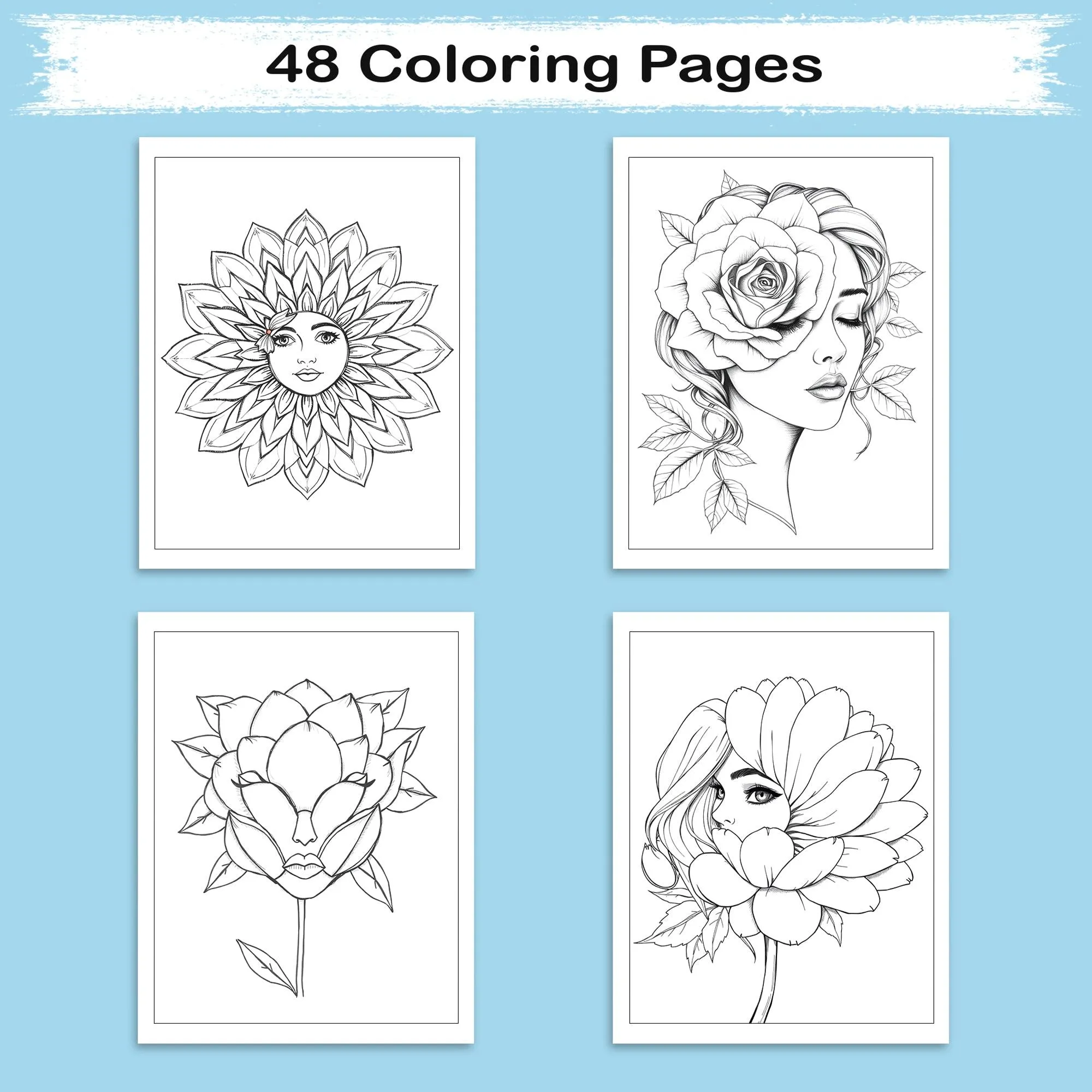 Faces in Bloom – Coloring Pages – 48 Surreal Floral Portraits – For Kids And Adults - image 3