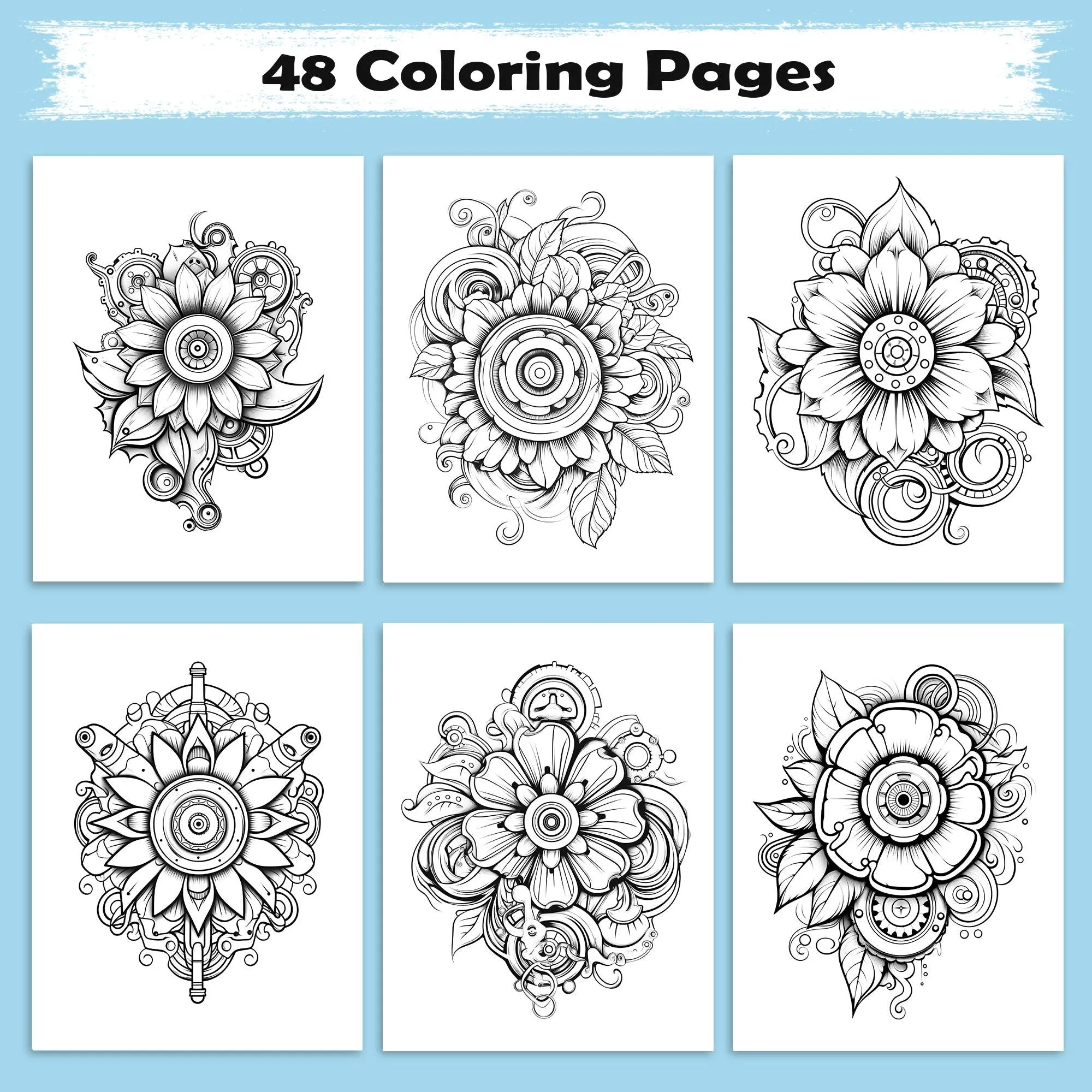 Mechanical Petals Mandala Coloring Pages – 48 Intricate Steampunk Flower Illustrations for Adults - image 2