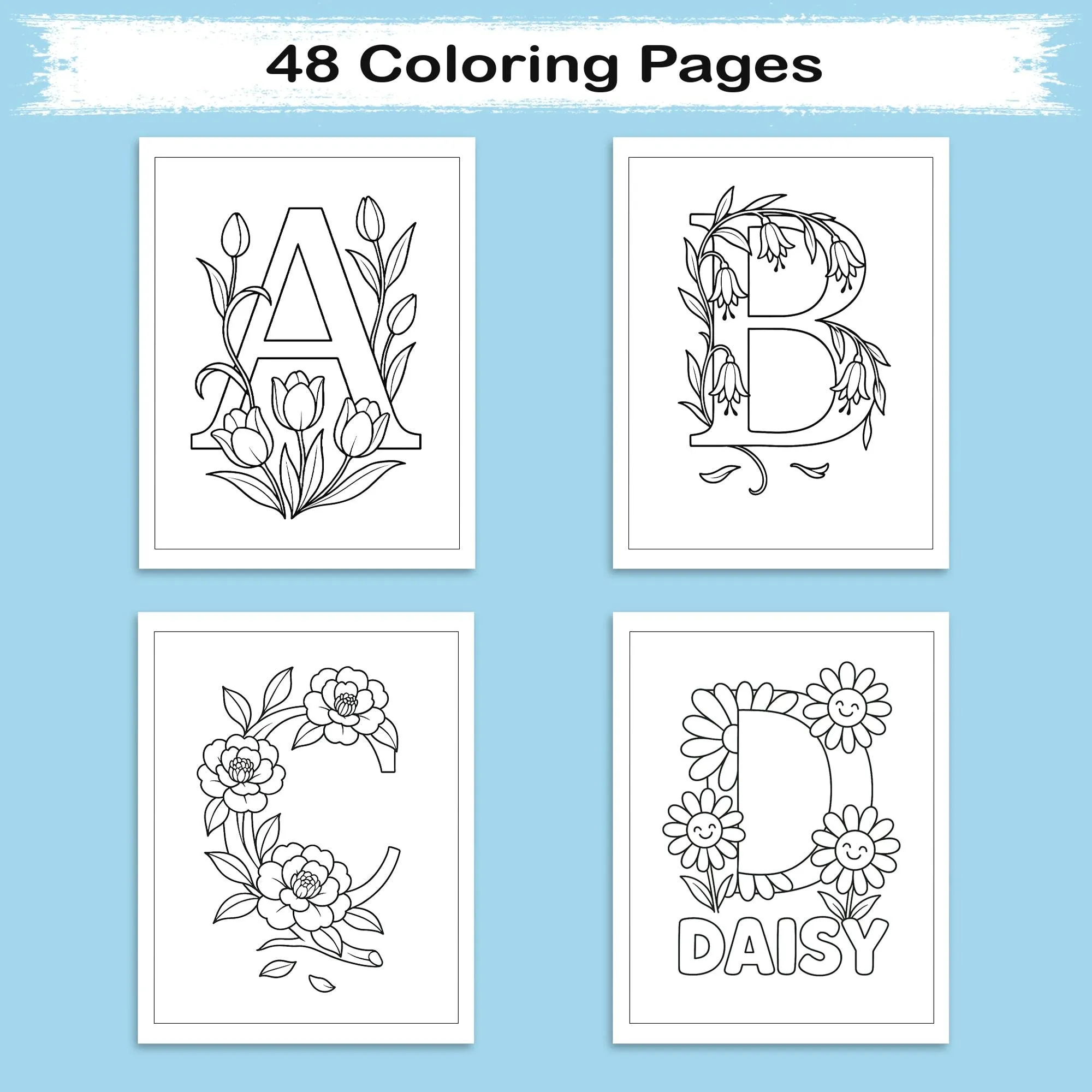 Floral Alphabet Wonders – Coloring Pages – 48 Botanical Letters – For Kids And adults - image 3