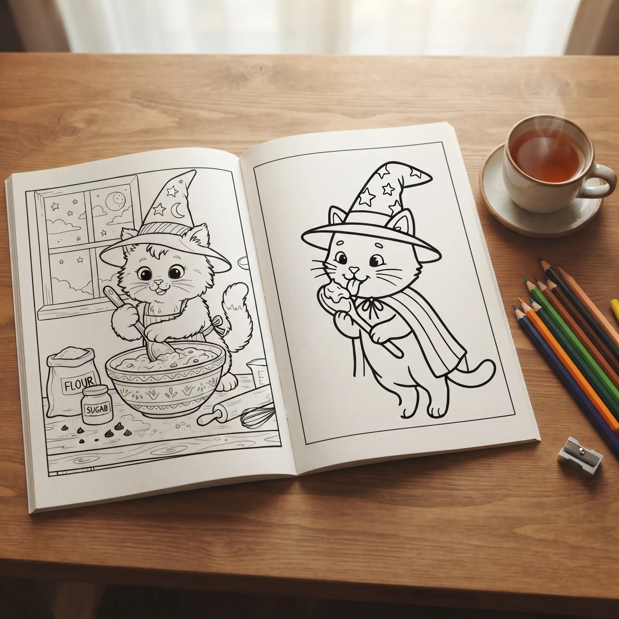 Witch Cat Bakery Coloring Book, Witch Cats Cookies Mixing Bowls Coloring Pages, Print and Digital Activity Book for Creative Kids - image 2