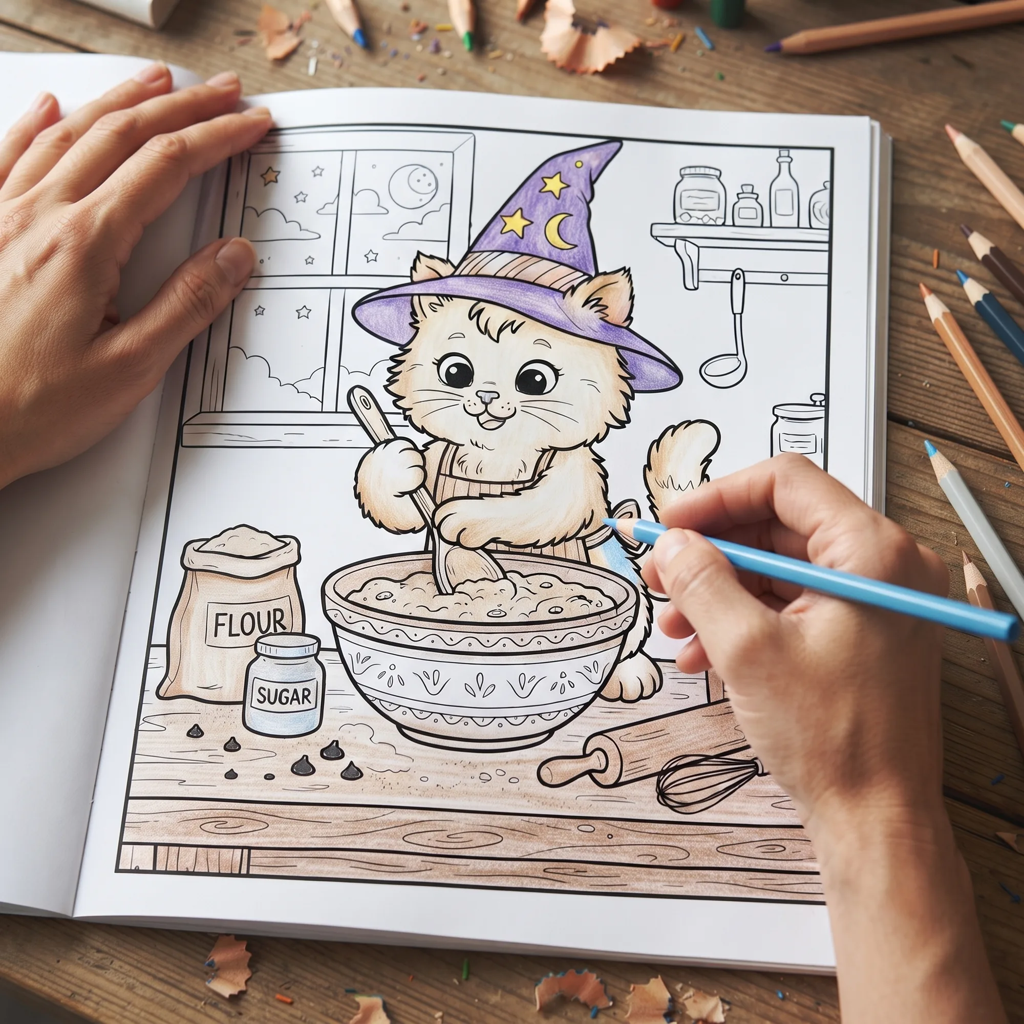 Witch Cat Bakery Coloring Book, Witch Cats Cookies Mixing Bowls Coloring Pages, Print and Digital Activity Book for Creative Kids - image 3