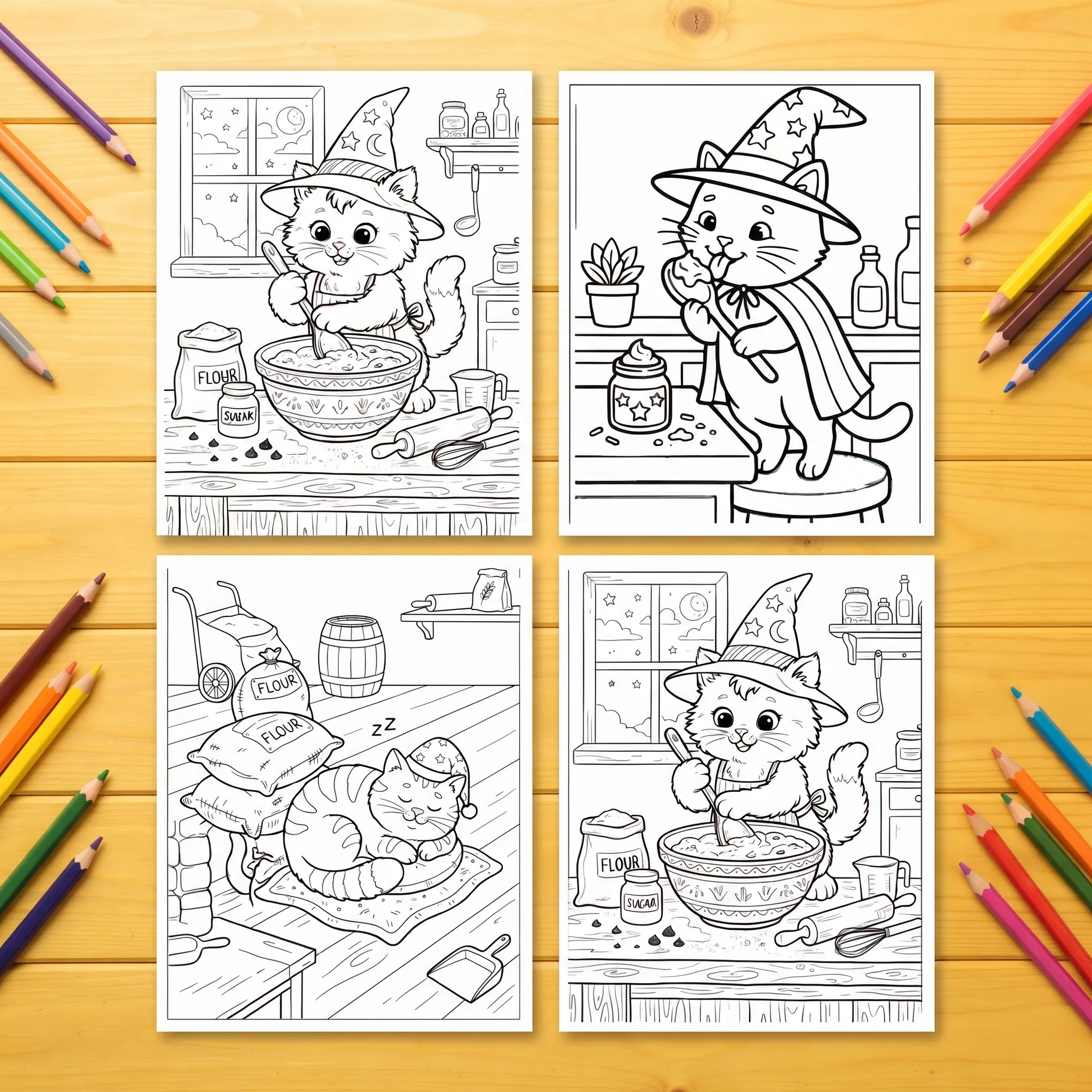 Witch Cat Bakery Coloring Book, Witch Cats Cookies Mixing Bowls Coloring Pages, Print and Digital Activity Book for Creative Kids - image 4