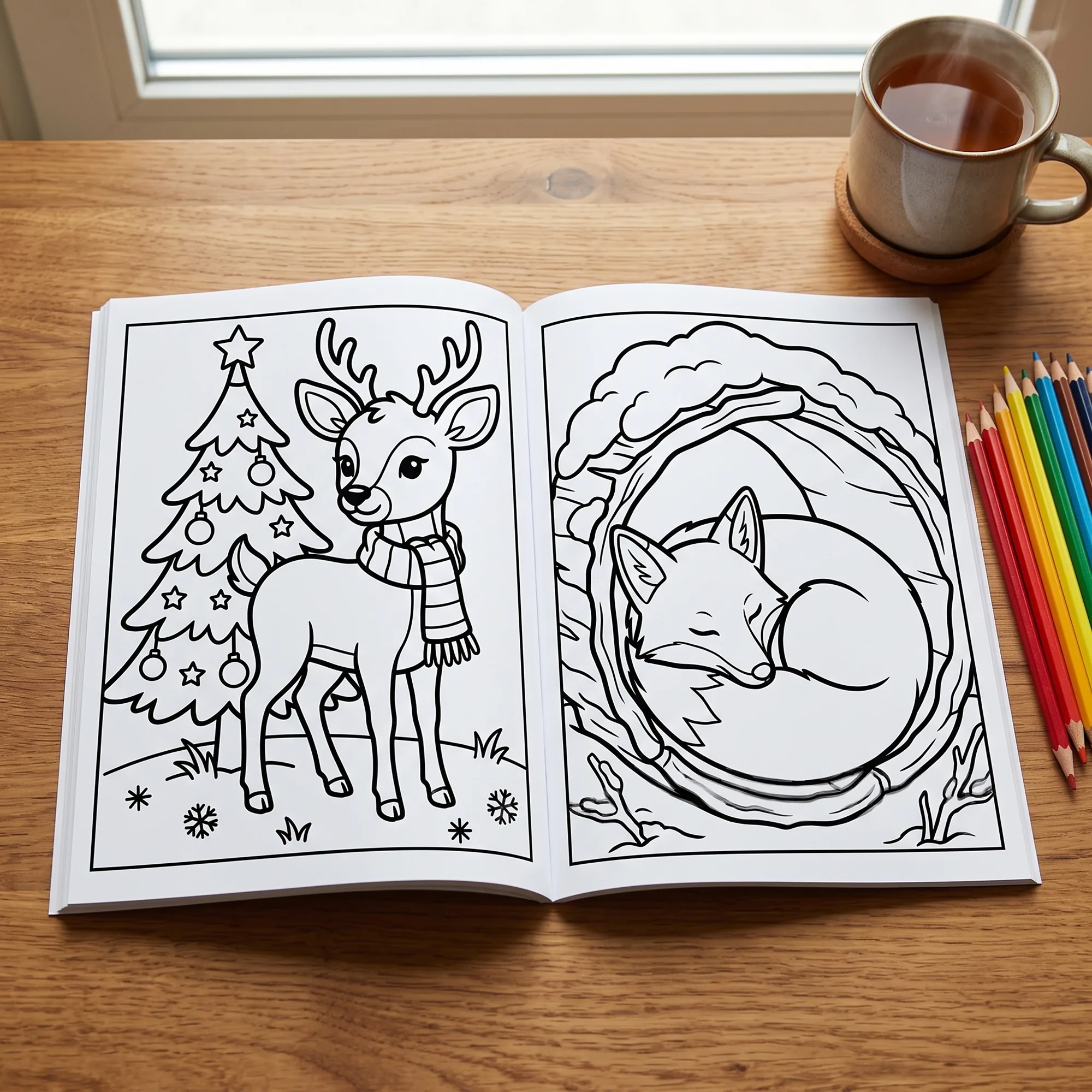 Woodland Christmas Animals Coloring Book, Foxes Deer Rabbits Pine Wreaths Coloring Pages, Hand Drawn Christmas Activity Book for Children - image 2