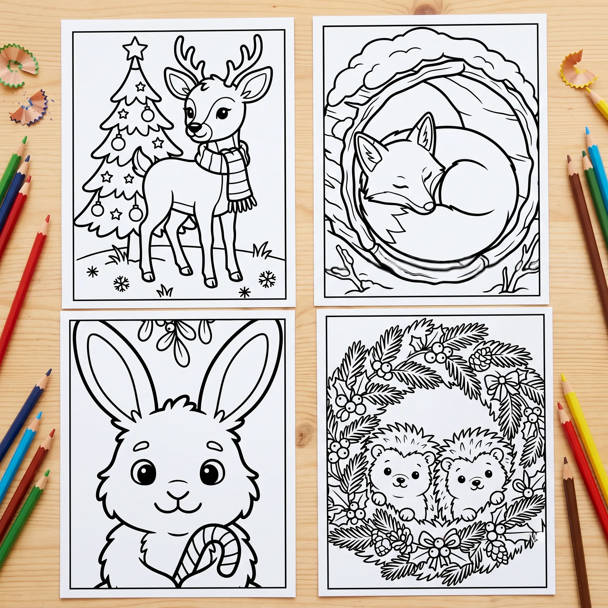 Woodland Christmas Animals Coloring Book, Foxes Deer Rabbits Pine Wreaths Coloring Pages, Hand Drawn Christmas Activity Book for Children - image 4